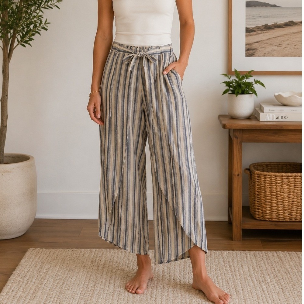 Patagonia Garden Island Wrap Pants Blue Gray Stripe Hemp XL Coastal Boho